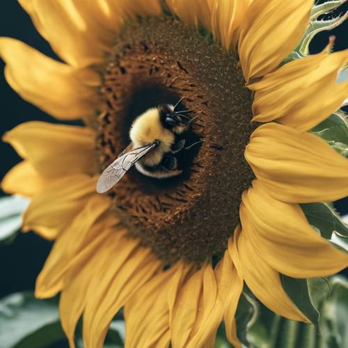 A chubby bumblebee hovering over a stunning, blooming sunflower.