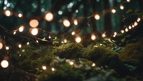 Des guirlandes lumineuses fantastiques scintillant au milieu des arbustes d’une forêt sombre et enchantée.