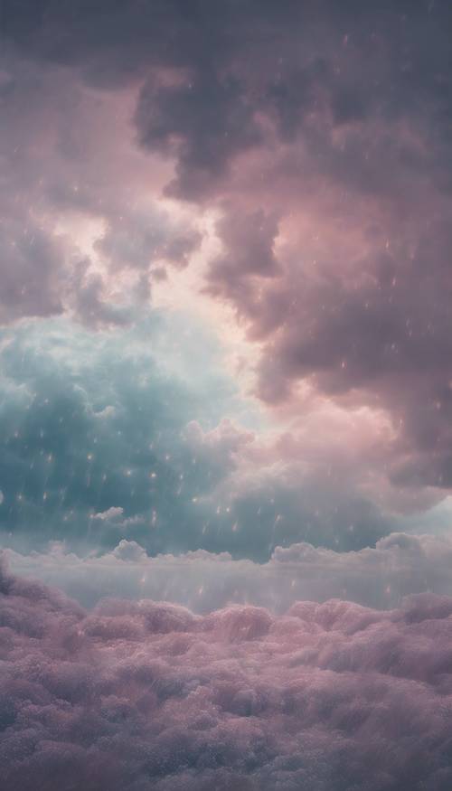Uma peça de arte abstrata de céu tempestuoso renderizada em cores pastel calmantes.
