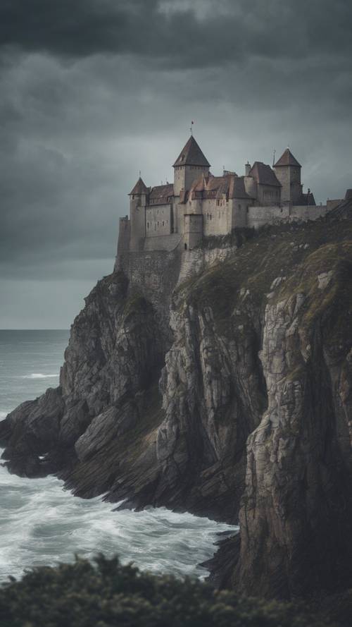 A grand medieval castle nestled high up on a dramatic seaside cliff under a stark gray stormy sky.
