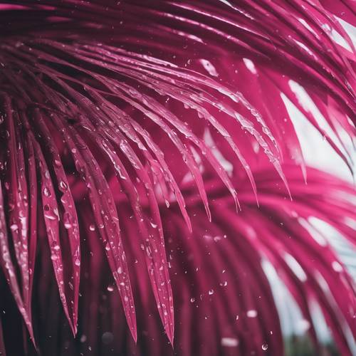 Ein tropischer Regenschauer, der auf eine Ansammlung dunkelrosa Palmblätter fällt.