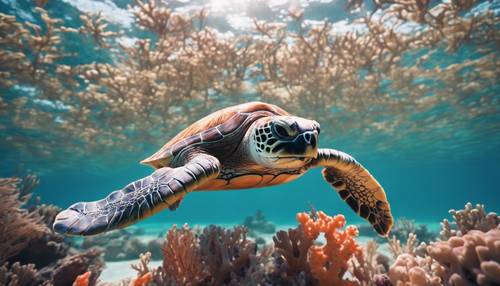 Una tortuga marina nadando tranquilamente entre corales en flor en un mar iluminado por el sol.