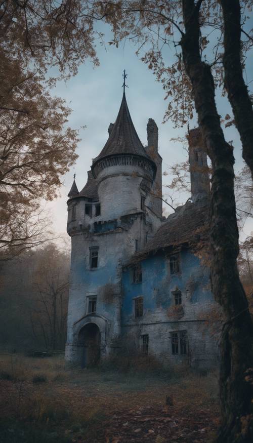 Um cenário sombrio e assustador de uma hora azul em um castelo gótico abandonado.