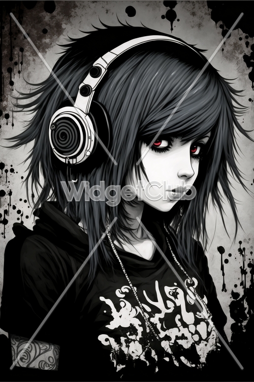 Girl with Headphones Art Kertas dinding[d059c28acc1642229178]