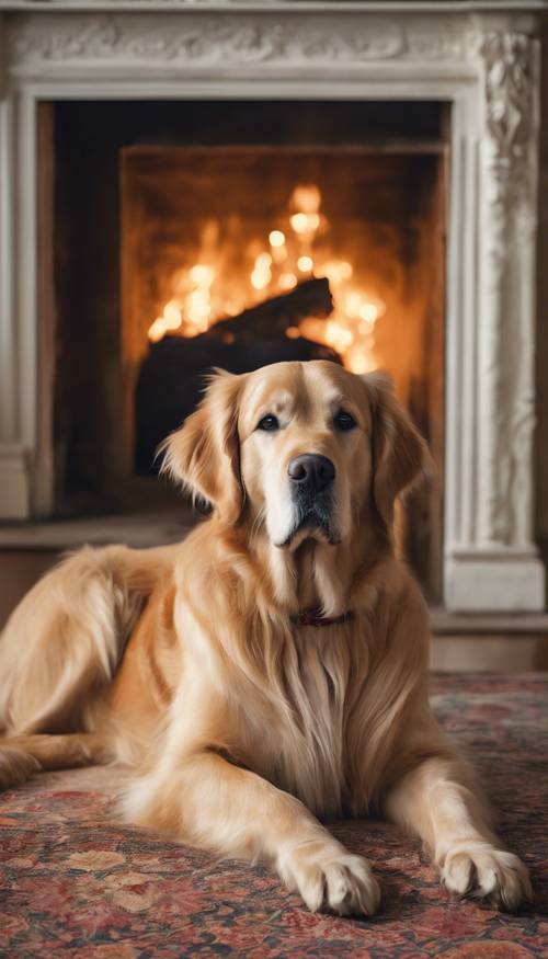 A beautiful classic painting of a golden retriever, sitting on a vintage floral rug, next to a warm fireplace.