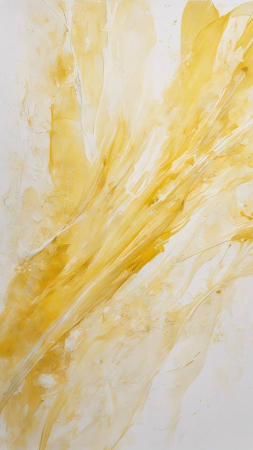 Ein abstraktes Gemälde mit kräftigen hellgelben Strichen auf einer weißen Leinwand.