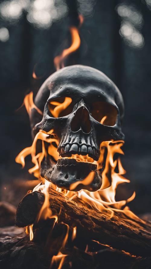 Une flamme de crâne gris dansant au sommet d’un feu de camp sous le ciel étoilé.