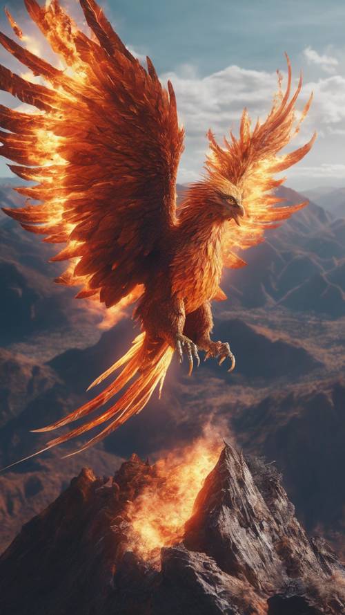 一只巨大的凤凰在崎岖的山脉上傲然翱翔，它燃烧的气息在寒冷的空气中愈发强烈。