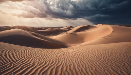 Un vasto deserto sotto un cielo drammatico punteggiato di nuvole blu scuro.