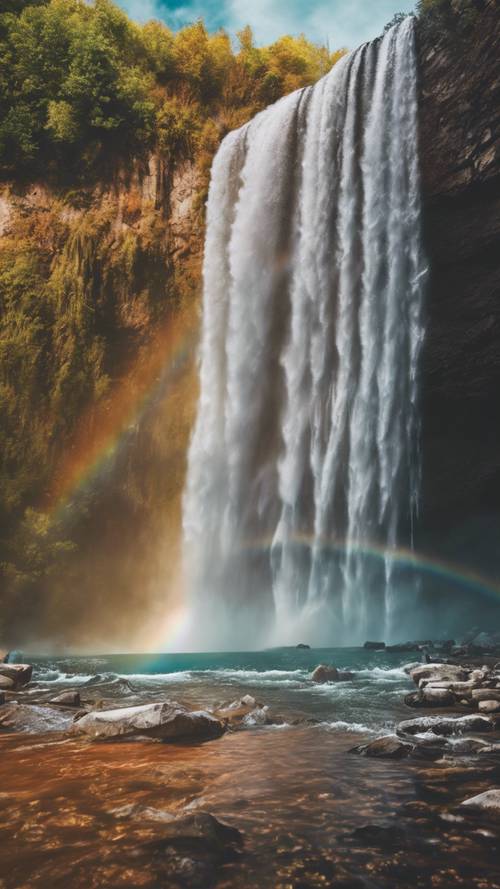 Um vibrante arco-íris boho aparecendo sobre uma cachoeira.
