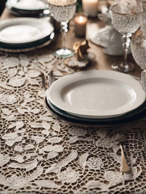 Handmade lace tablecloth laying over a wooden dining table setup for a feast. Tapet [411208330a0945539f63]