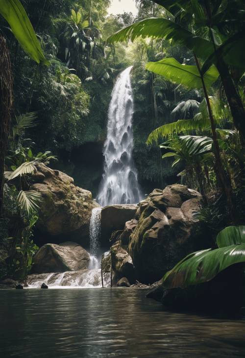 Air terjun tropis yang terletak di tempat rahasia yang tersembunyi di hutan