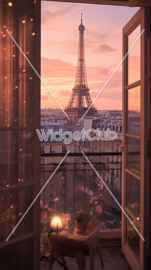 Vue du coucher de soleil sur la Tour Eiffel depuis une fenêtre