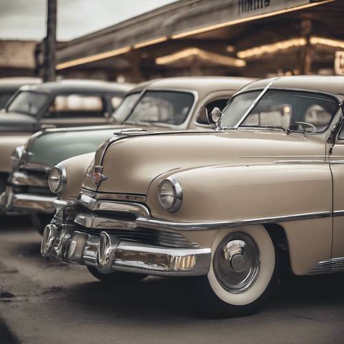 Старинные автомобили серого и бежевого цвета, припаркованные в закусочной 1950-х годов.