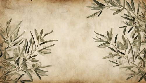 Um padrão estético rústico com ramos de oliveira desenhados à mão sobre um fundo de pergaminho desgastado.