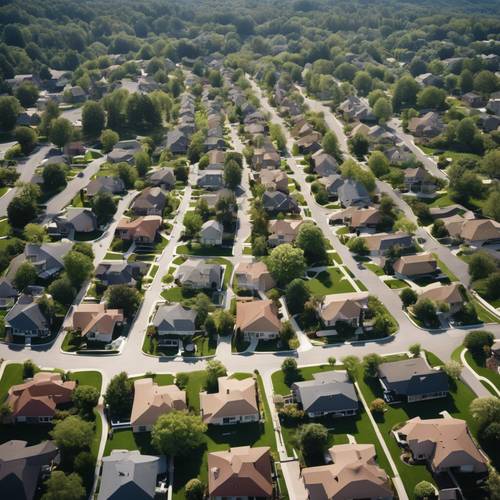 An aerial view of a 70s suburban neighborhood with angular roofs and manicured lawns.