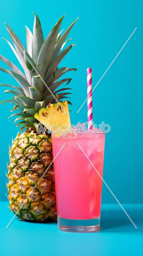 Ananas tropicale e bevanda rosa su sfondo blu