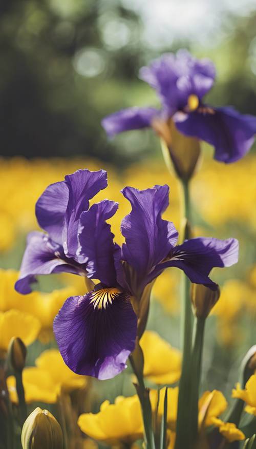 A deep purple iris flower growing amongst yellow buttercups in a summertime garden.