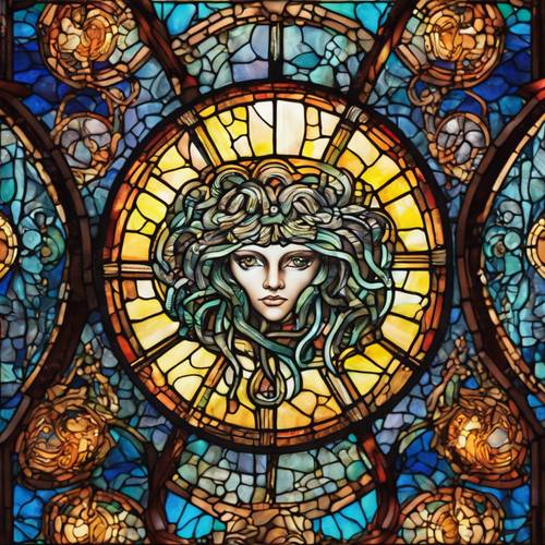 Desain jendela kaca patri bercahaya Medusa, memancarkan cahaya warna-warni.