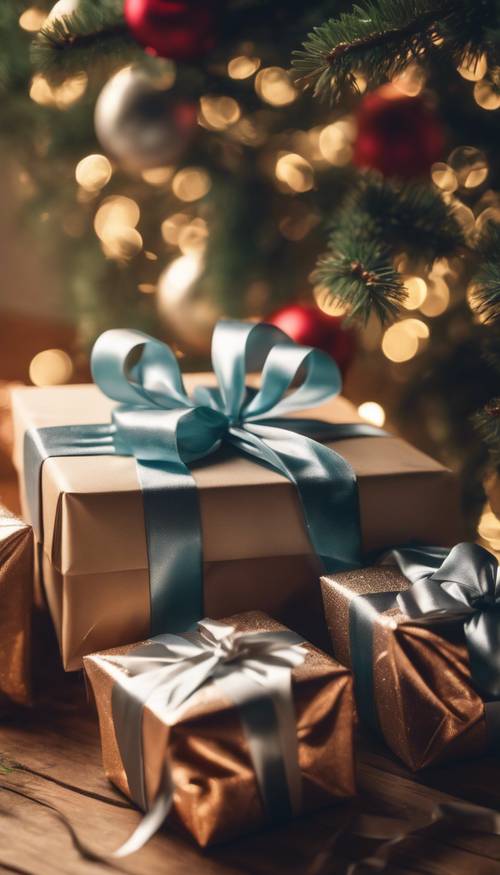 Gift boxes wrapped in shiny paper and tied with silk ribbons, piled under a sparkling Christmas tree.