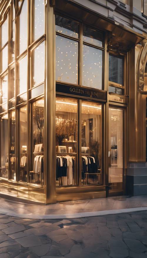 A high-end fashion boutique at dusk, the golden sun's rays bouncing off the glass exterior.
