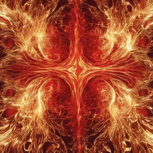 Red flames rising out of a golden abstract pattern.