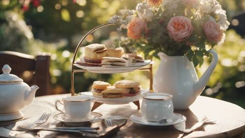 An afternoon September tea in a sunlit garden filled with flowers