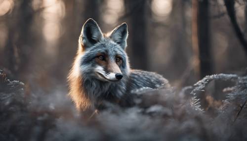 A silver fox in a gray forest, illuminated by dim light.