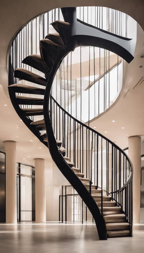 Eine Wendeltreppe in Schwarz und Beige in einem modernen, minimalistischen Gebäude.