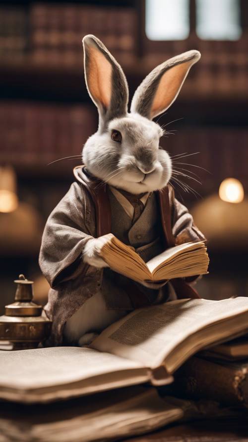 An old scholar rabbit poring over sacred texts in an ancient library.