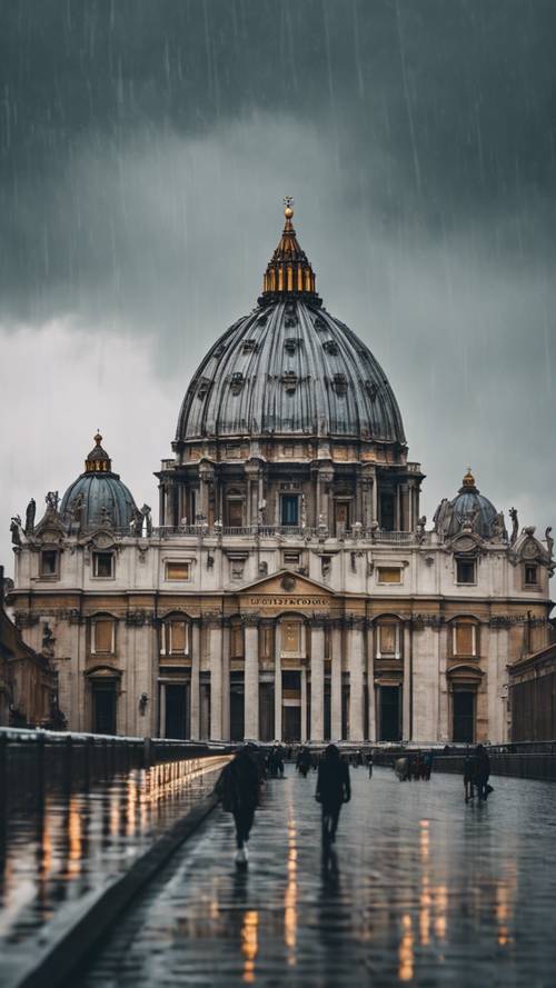 Breathtaking view of St. Peter's Basilica during a rainy day with clouds parting just enough for a single ray of sunshine.