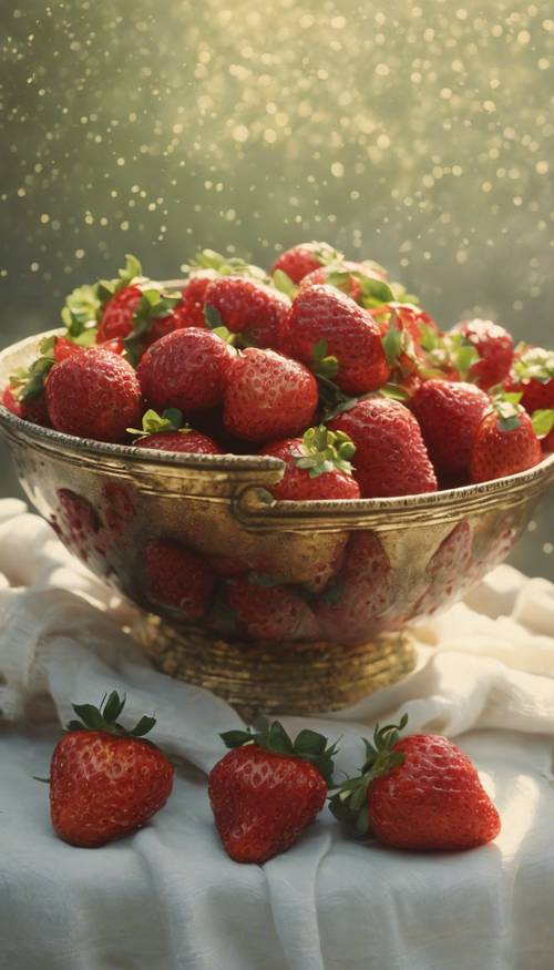 An antique painting of a bowl filled with ripe strawberries. Tapeta [86db1893f14f4419b718]