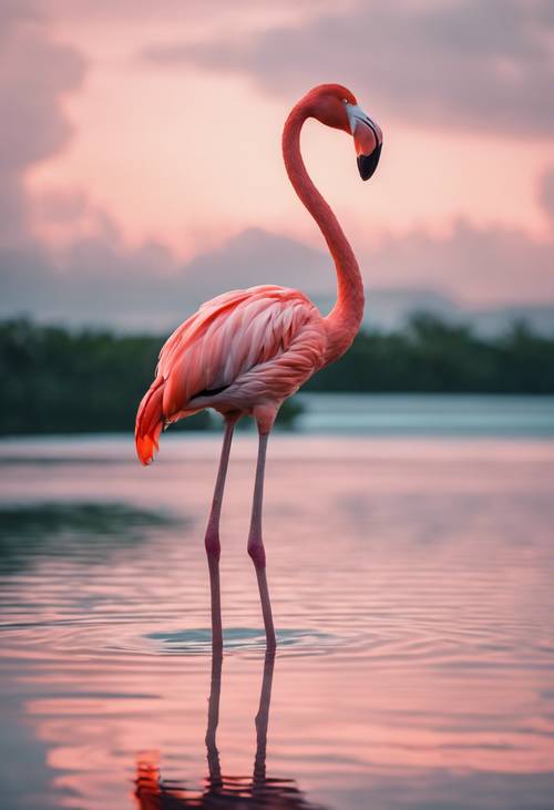 Seekor flamingo merah muda berdiri dengan satu kaki, tercermin di perairan tenang laguna tropis.