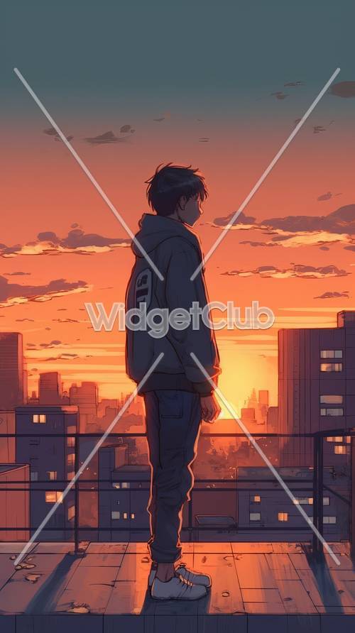 アニメ少年と一緒に見る夕焼けの街景色