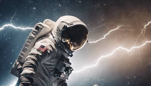 一名身穿太空衣的太空人被白色閃電擊中。