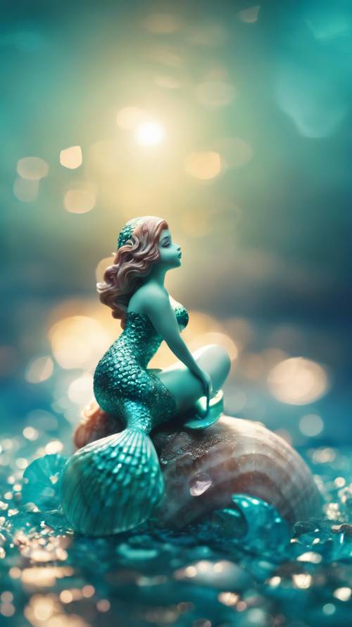 Una imagen de ensueño de una sirena mágica Kawaii coloreada con diferentes tonos de verde azulado, sentada sobre una concha brillante en medio de un mar encantado.