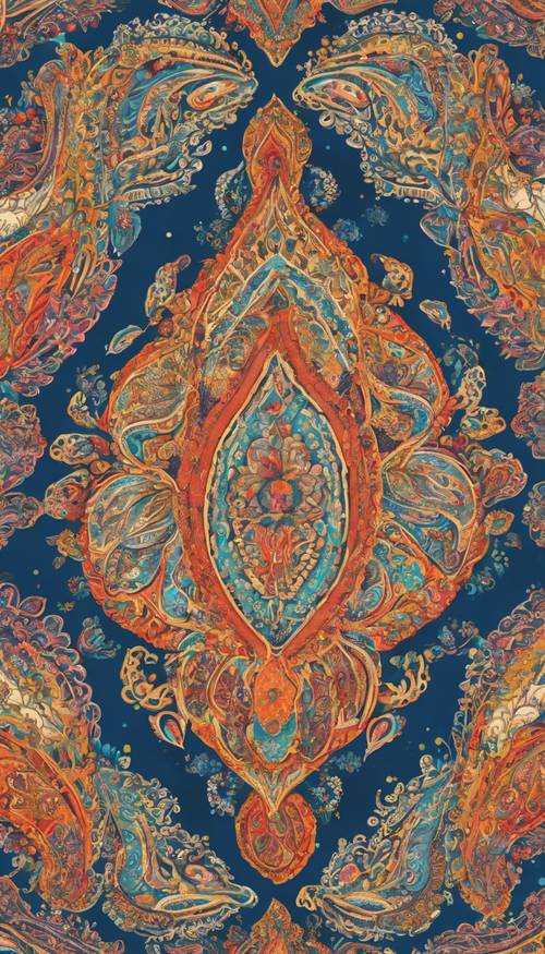 明るいスカーフデザインの壁紙：パシュミナパターンと伝統的なインドの花モチーフを特徴としたデザイン