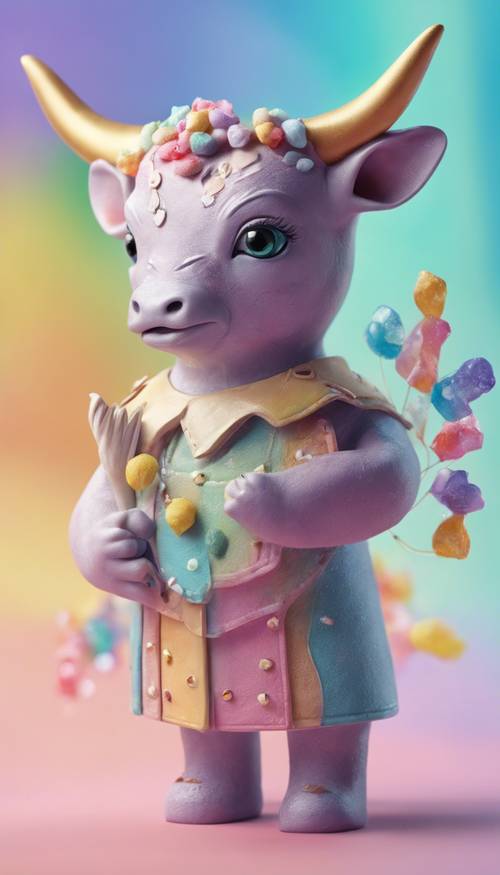 Gambar Taurus kecil yang lucu dengan tanduk pelangi pada latar belakang berwarna pastel.