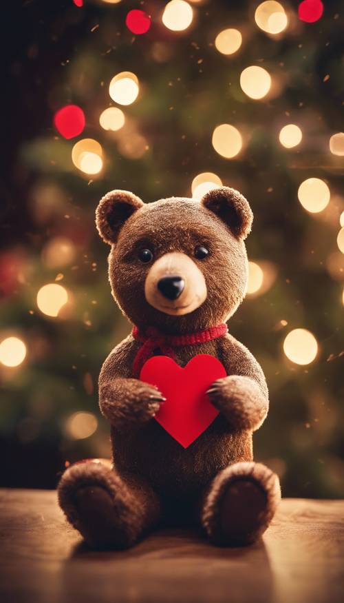 Un oso navideño marrón sosteniendo un corazón rojo y una carta de Papá Noel, sentado debajo de un árbol de Navidad iluminado por luces centelleantes.