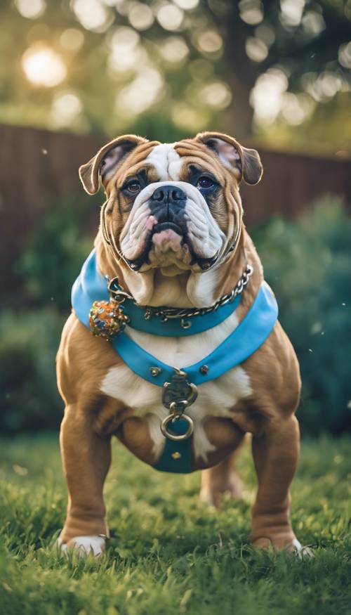 Brown English bulldog wearing a whimsical jester's collar in cerulean blue, standing in a grassy backyard.