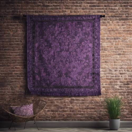 A purple damask tapestry hanging on a rustic brick wall.