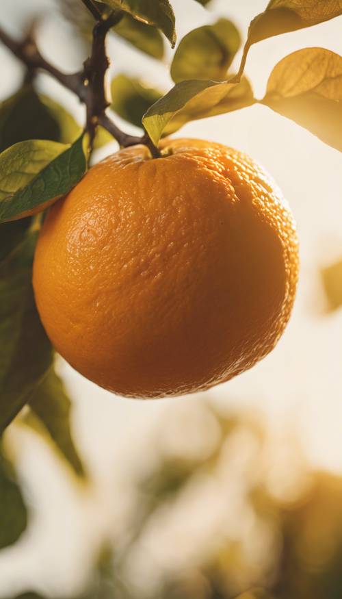 Tampilan jarak dekat dari buah jeruk yang matang dan berair, dengan sinar matahari keemasan menyaring dagingnya.
