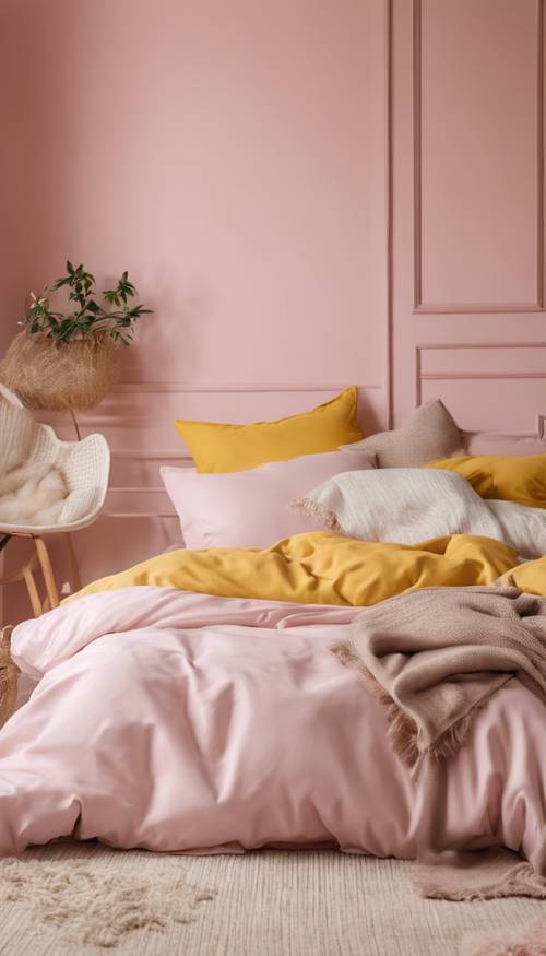 Kamar tidur estetika minimalis dengan dinding berwarna pink pastel, disertai aksen kuning yang ditata apik pada bentuk bantal dan dekorasi dinding.