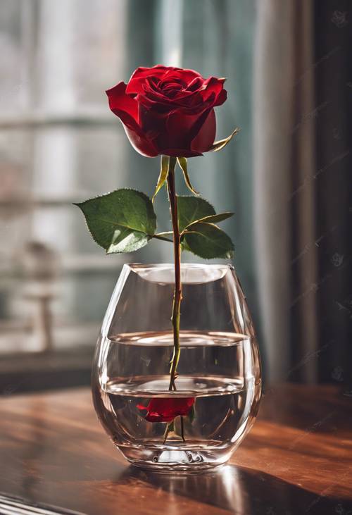 Một bông hồng đỏ cắm trong chiếc bình thủy tinh trang nhã đặt trên bàn gỗ gụ.