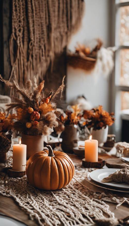 A cozy Thanksgiving setup in a modern bohemian interior, with a fall-themed macrame wall hanging as a centerpiece.