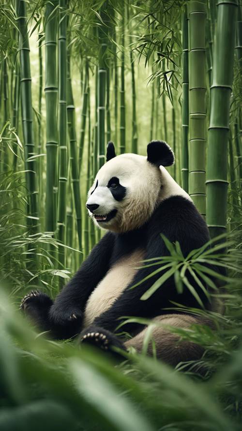 A massive panda bear sitting lazily in a peaceful green forest, surrounded by bamboo plants.