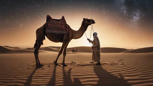 A scene of a traditionally adorned camel at a desert oasis, silhouetted against a sparkling star-studded sky during the fasting month of Ramadan.