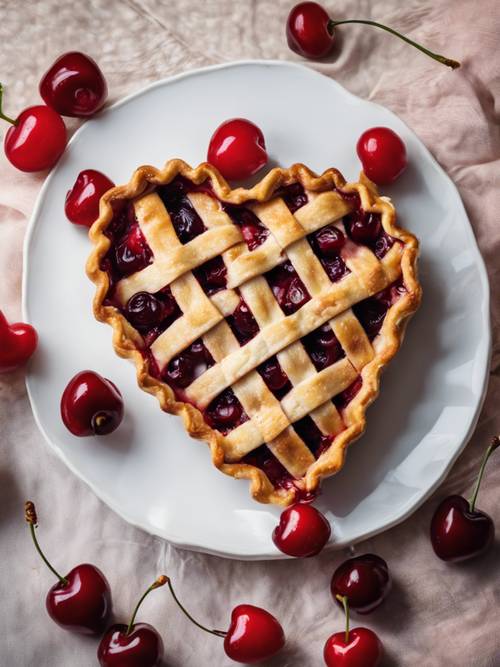 A sweet heart-shaped cherry pie with a lattice crust, fresh out of the oven.