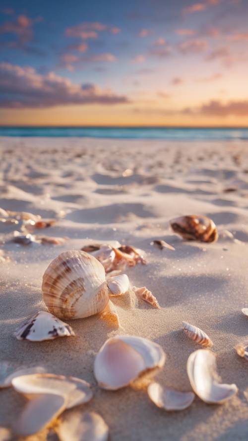 A deserted beach with crystal clear water, white sands, and scattered seashells amidst a beautiful sunset.