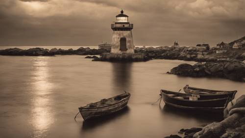 Uma fotografia em tom sépia de um farol brilhando no mar ao anoitecer, cercado por barcos abandonados. O cenário nublado e tempestuoso aumenta a sensação nostálgica.